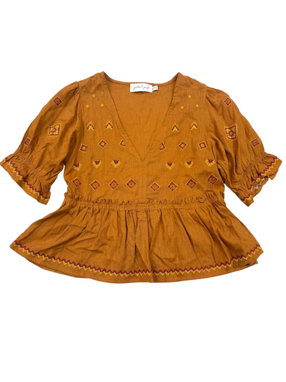 Petal + Pup Embroidered Linen Blend Peplum Blouse Puff Sleeve Rust Fall US 0